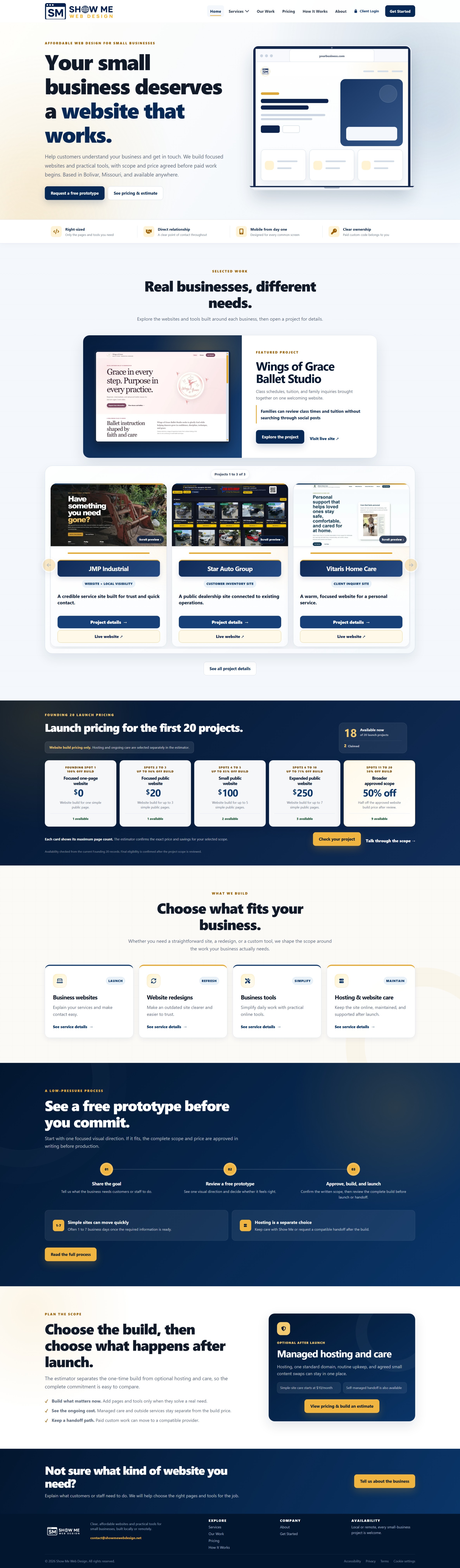 Full-page preview of the Show Me Web Design homepage and its small-business website offer